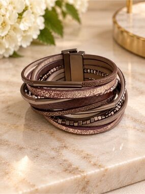 Rose Gold Bronze Multi Strand Leather Wrap Bracelet Magnetic Clasp
